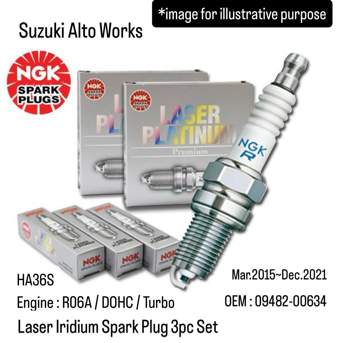 HA36S(Engine:R06A/DOHC/Turbo) Laser Iridium Spark Plug 3pc Set (NGK) for Suzuki Alto Works (March.2015~December.2021)(OEM:09482-00634)