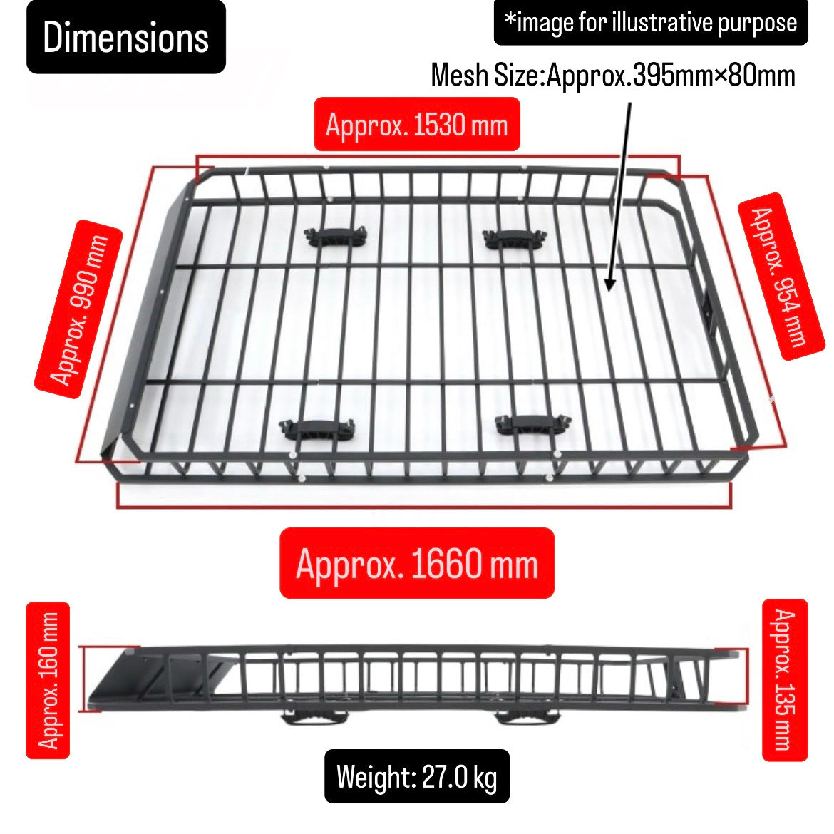 Universal Steel Roof Cargo Basket 990mm×1660mm×160mm – 68kg Load Capacity for Kei Cars, SUVs & Passenger Vehicles