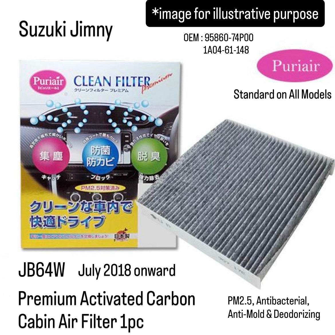 JB64W Premium Activated Carbon Cabin Air Filter (Purier) for Suzuki Jimny (Standard on All Models, July 2018 onward, PM2.5, Antibacterial, Anti-Mold & Deodorizing) (OEM:95860-74P00/1A04-61-148)
