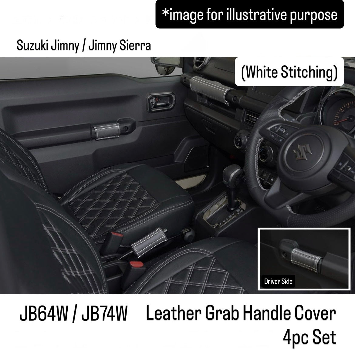 JB64W/JB74W Leather Grab Handle Cover 4pc Set for Suzuki Jimny / Jimny Sierra (White Stitching)