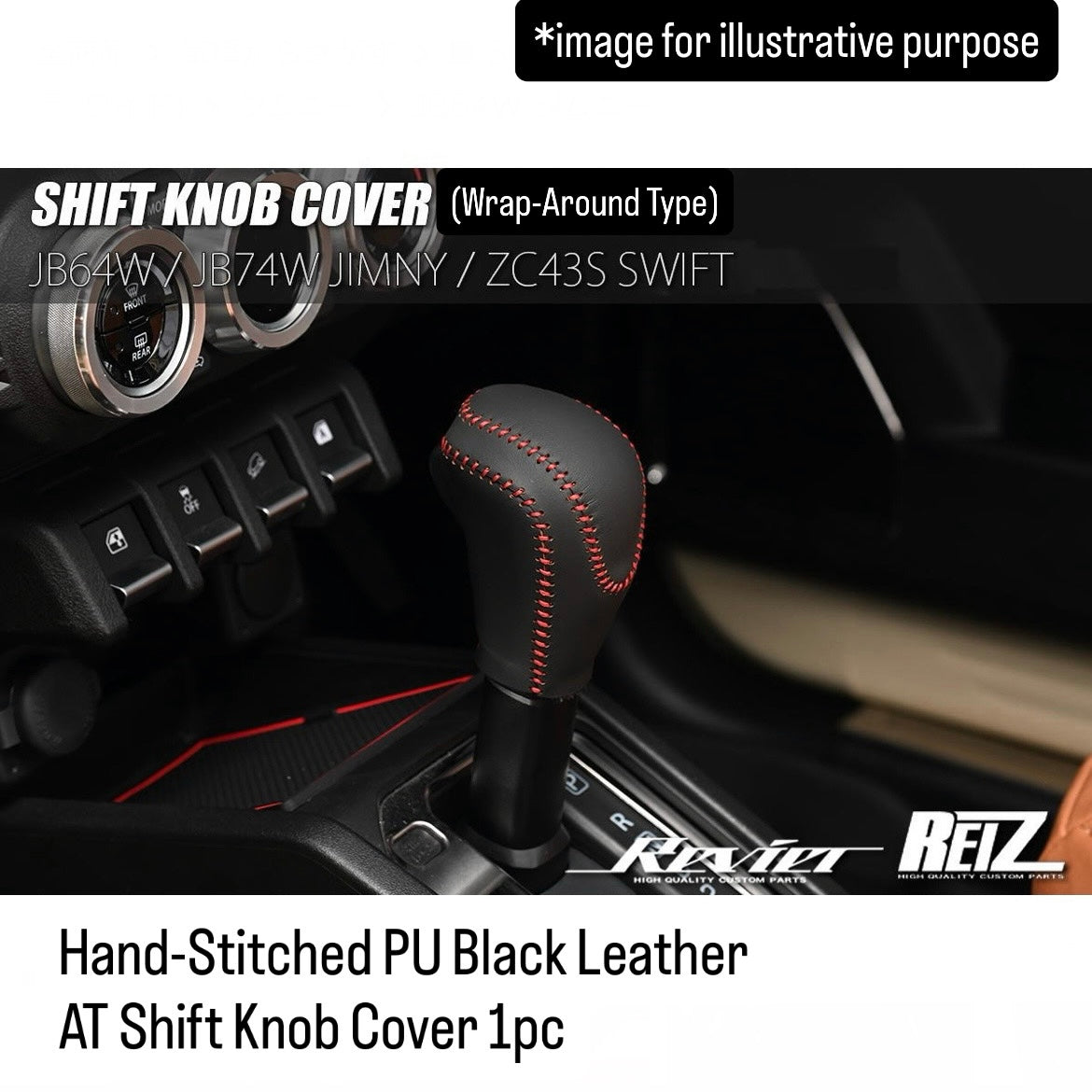 JB64W/JB74W/JC74W/ZC43S Series Hand-Stitched PU Black Leather AT Shift Knob Cover with Red Stitching for Suzuki Jimny / Swift