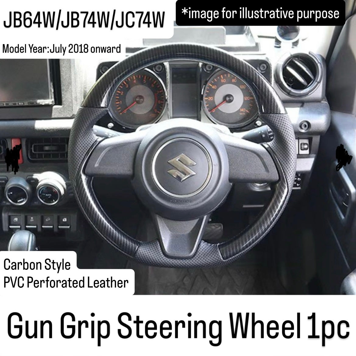 JB64W/JB74W/JC74W Gun Grip Steering Wheel for Suzuki Jimny / Jimny Nomade (Carbon Style & PVC Perforated Leather / Model Year:July 2018 onward)