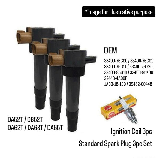 DA52T/DB52T/DA62T/DA63T/DA65T Ignition Coil 3pc & Standard Spark Plug 3pc Set for Suzuki Carry (OEM:33400-76G00/33400-76G01/33400-76G11/33400-76G20/33400-85G10/33400-85K00/22448-4A00F/1A09-18-100/09482-00448)