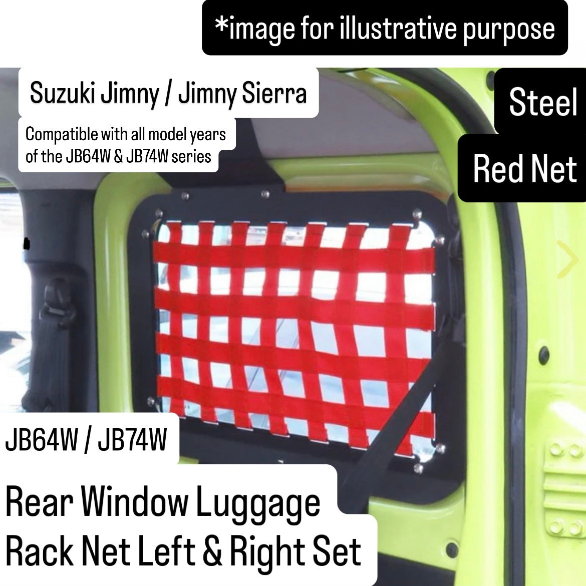 JB64W/JB74W Rear Window Luggage Rack Net Left & Right Set for Suzuki Jimny / Jimny Sierra (Red Net / Steel / Compatible with all model years of the JB64W & JB74W series)
