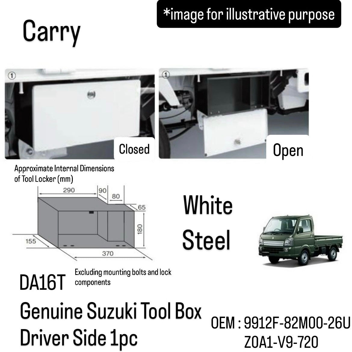DA16T Genuine Suzuki Tool Box Driver Side for Carry (White, Steel) (OEM:9912F-82M00-26U/Z0A1-V9-720)