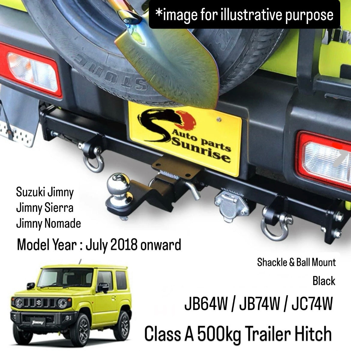 JB64W/JB74W/JC74W Class A 500kg Trailer Hitch for Suzuki Jimny / Jimny Sierra / Jimny Nomade (Shackle & Ball Mount, Black, Model Year:July.2018 onward)