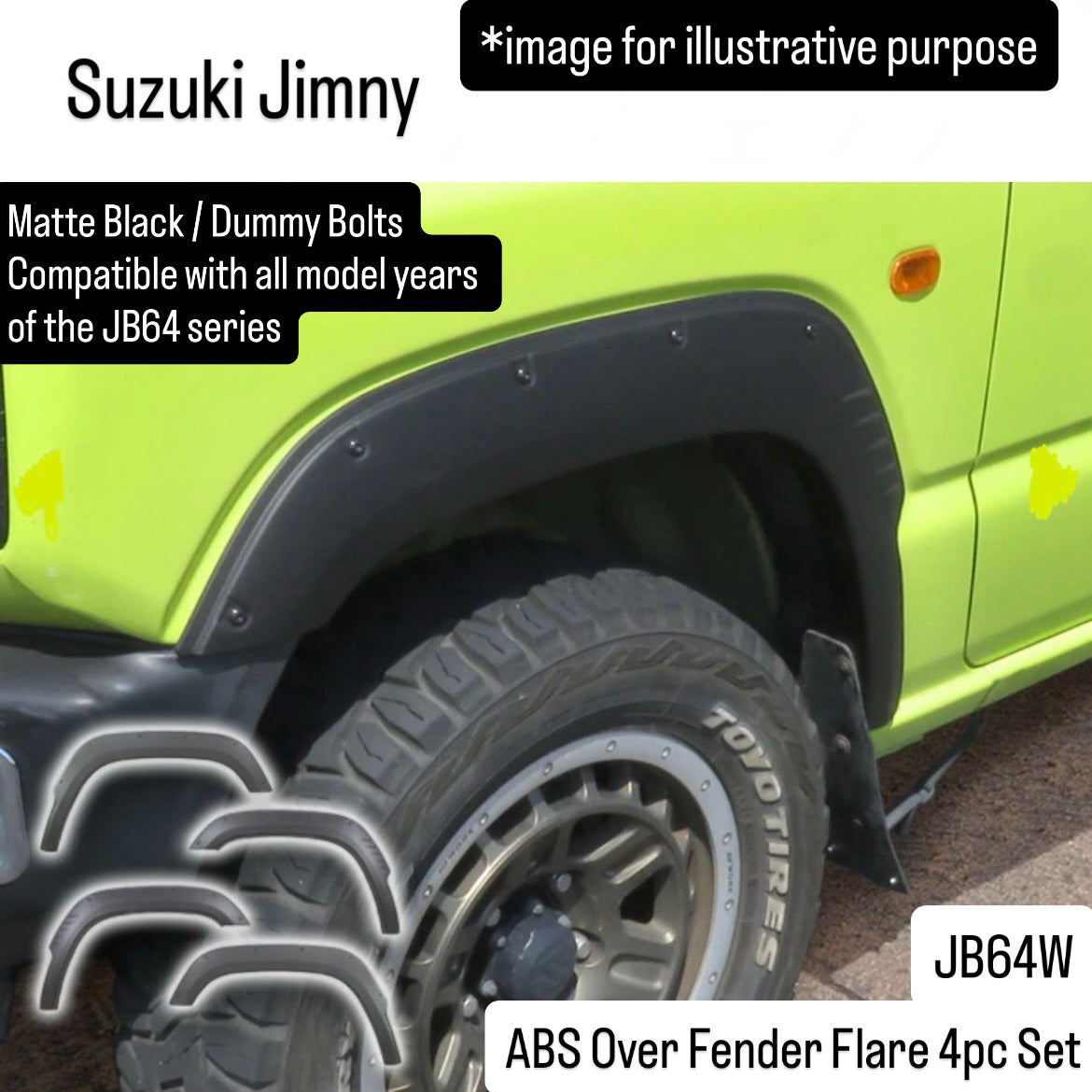JB64W ABS Over Fender Flare 4pc Set for Suzuki Jimny (Matte Black / Dummy Bolts / Compatible with all model years of the JB64 series)