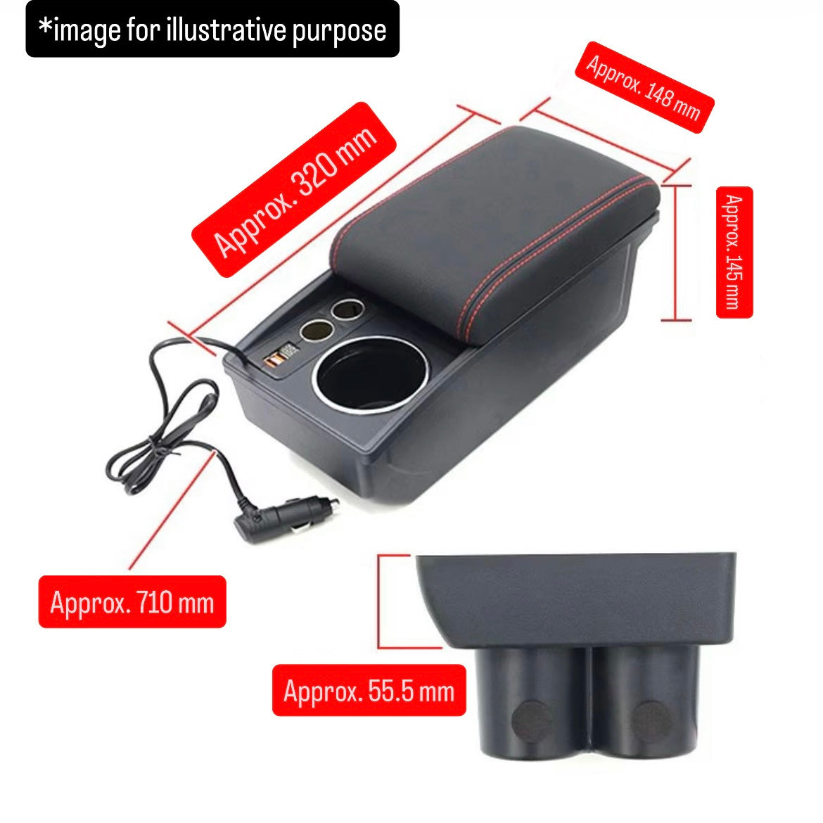 JB64W Armrest Center Console Box for Suzuki Jimny (USB Type-A / Cigarette Lighter Socket / Red Stitching / Model Year:July.2018 onward)