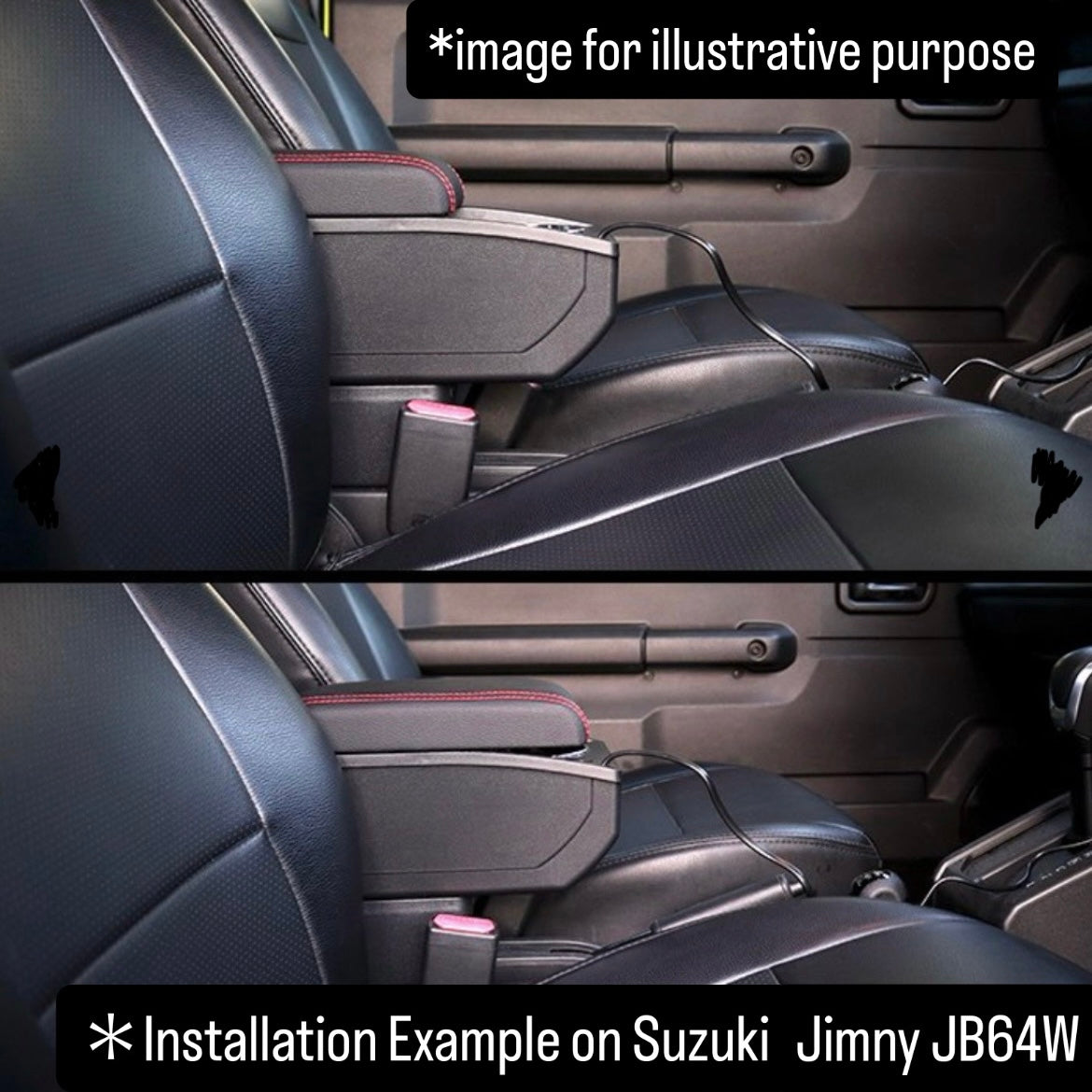 JB64W Armrest Center Console Box for Suzuki Jimny (USB Type-A / Cigarette Lighter Socket / Red Stitching / Model Year:July.2018 onward)