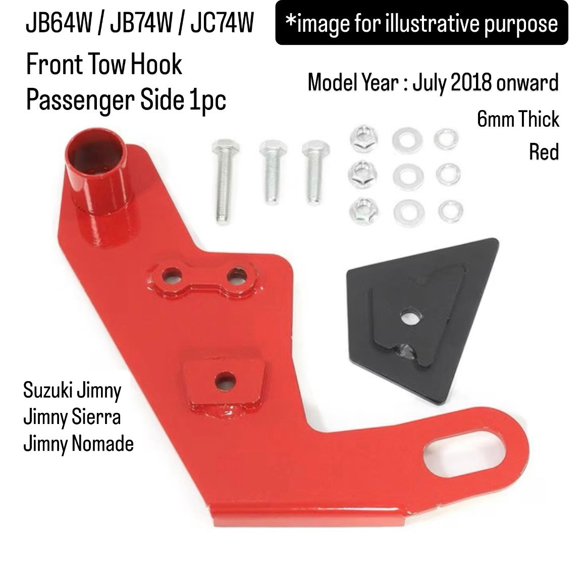 JB64W/JB74W/JC74W Front Tow Hook Passenger Side for Suzuki Jimny / Jimny Sierra / Jimny Nomade (6mm Thick, Red, Model Year:July.2018 onward)