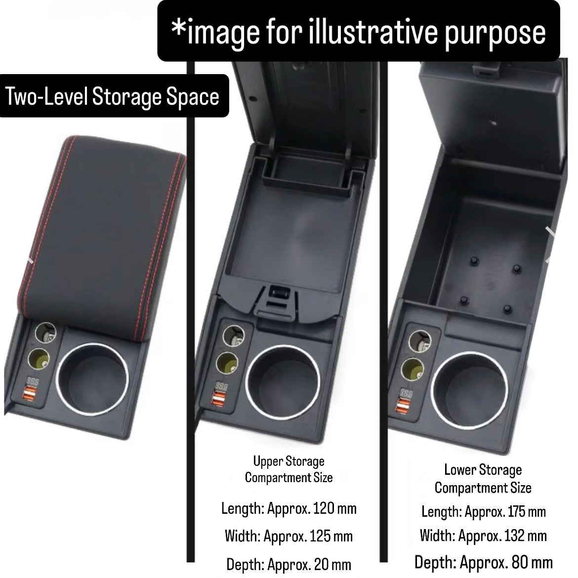 JB64W Armrest Center Console Box for Suzuki Jimny (USB Type-A / Cigarette Lighter Socket / Red Stitching / Model Year:July.2018 onward)