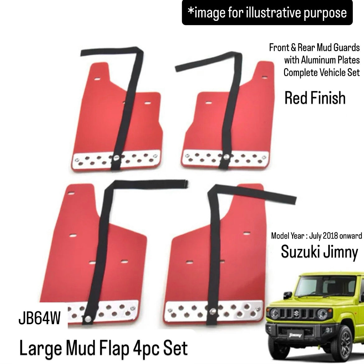 JB64W Large Mud Flap 4pc Set for Suzuki Jimny (Red Finish, Front & Rear Mud Guards with Aluminum Plates Complete Vehicle Set, Model Year:July.2018 onward)