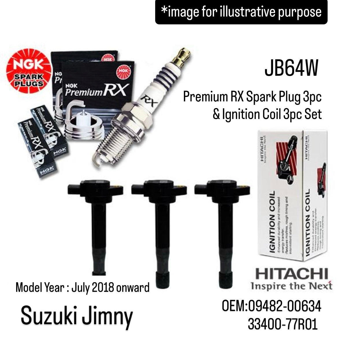 JB64W Premium RX Spark Plug 3pc (NGK) & Ignition Coil 3pc (Astemo) Set for Suzuki Jimny (OEM:09482-00634/33400-77R01)