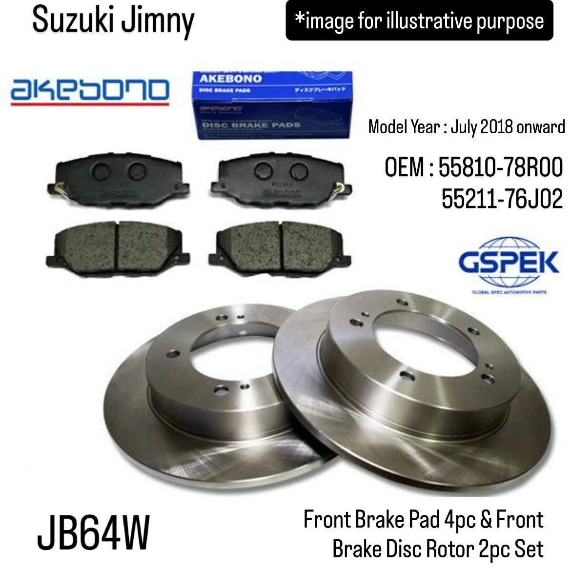 JB64W Front Brake Pad 4pc (Akebono) & Front Brake Disc Rotor 2pc (GSPEK) Set for Suzuki Jimny (OEM:55810-78R00/55211-76J02)