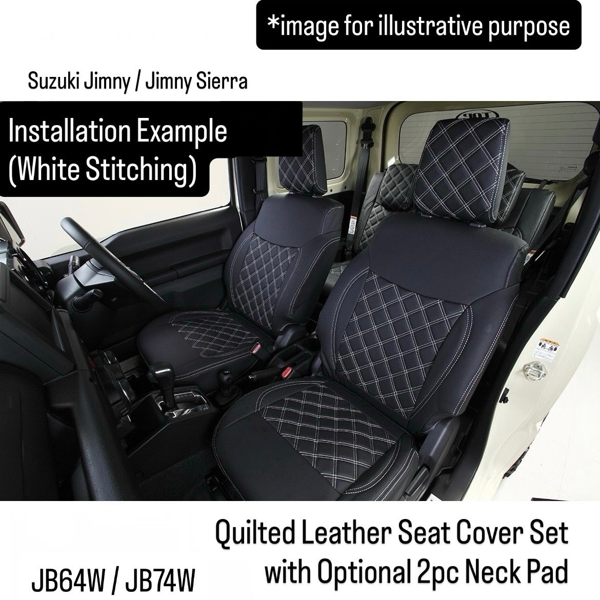 JB64W/JB74W Quilted Leather Seat Cover Set with Optional 2pc Neck Pad for Suzuki Jimny / Jimny Sierra (White/Red Stitching)