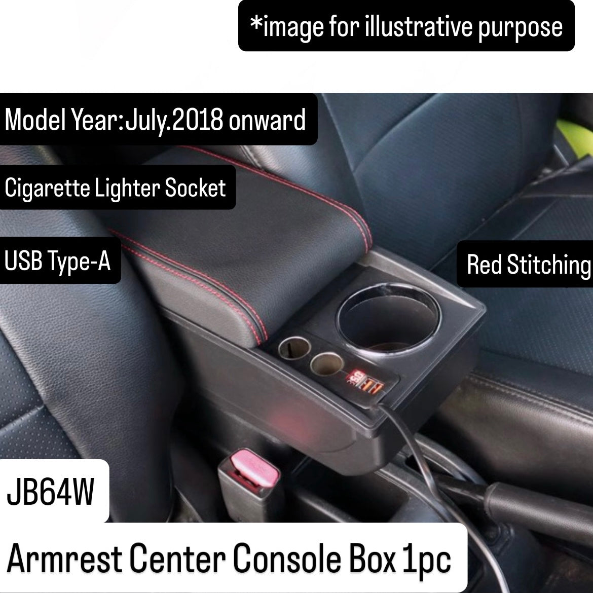 JB64W Armrest Center Console Box for Suzuki Jimny (USB Type-A / Cigarette Lighter Socket / Red Stitching / Model Year:July.2018 onward)