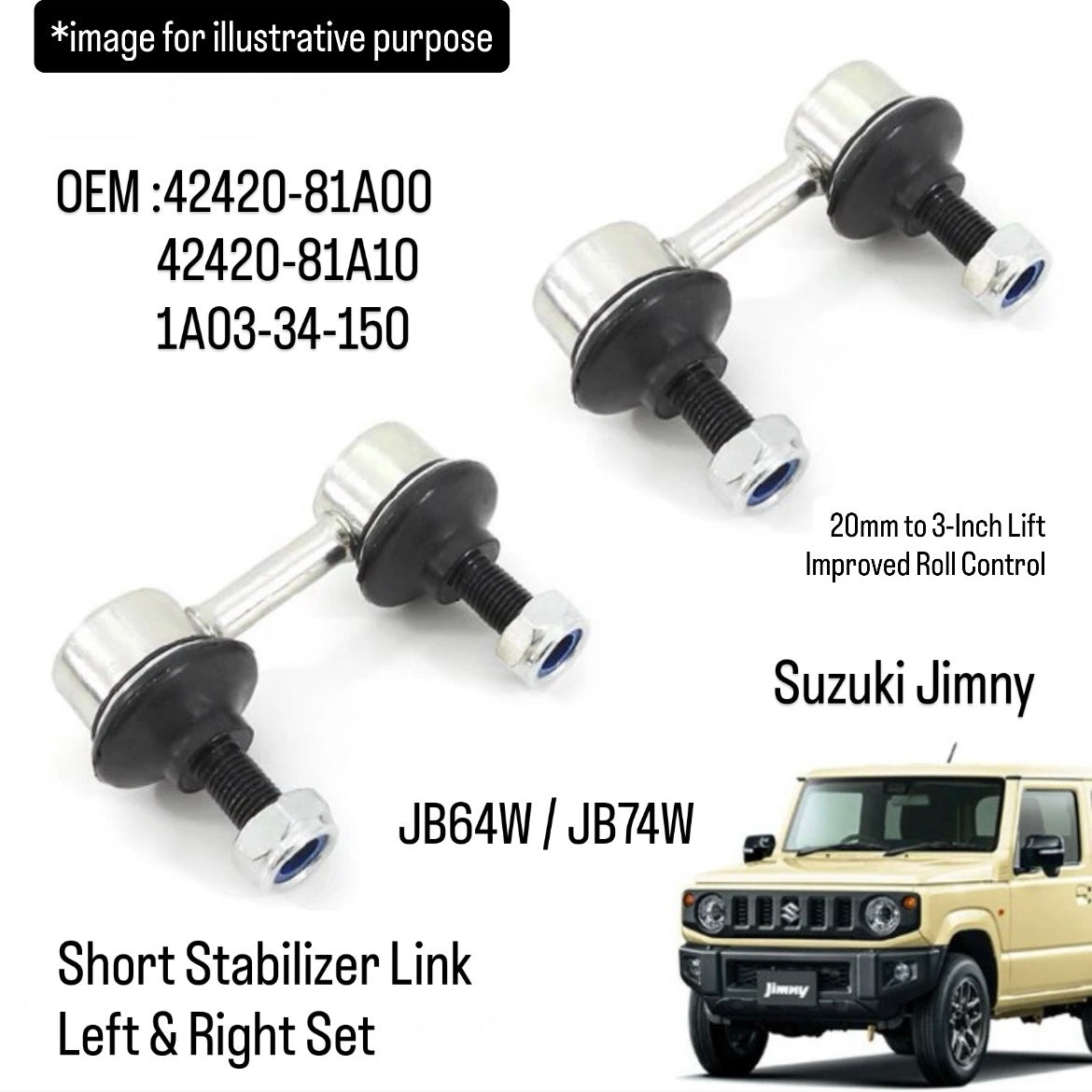 JB64W/JB74W Short Stabilizer Link Left & Right Set for Suzuki Jimny –20mm to 3-Inch Lift, Improved Roll Control (OEM:42420-81A00/42420-81A10/1A03-34-150)