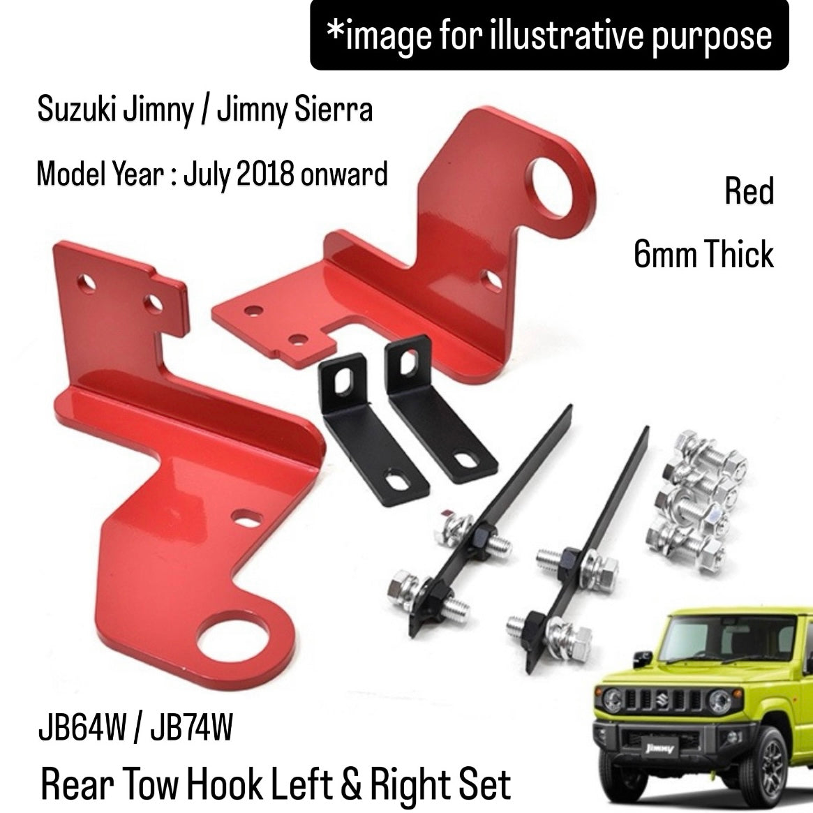 JB64W/JB74W Rear Tow Hook Left & Right Set for Suzuki Jimny / Jimny Sierra (6mm Thick, Red, Model Year:July.2018 onward)
