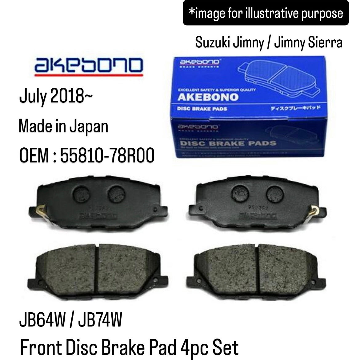 JB64W/JB74W Front Disc Brake Pad 4pc Set (Akebono) for Suzuki Jimny / Jimny Sierra (July 2018~, Made in Japan) (OEM:55810-78R00)