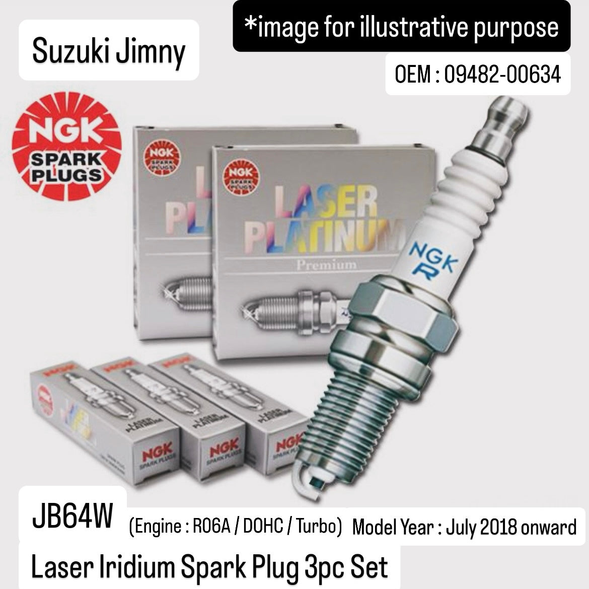 JB64W(Engine:R06A/DOHC/Turbo) Laser Iridium Spark Plug 3pc Set (NGK) for Suzuki Jimny (OEM:09482-00634)