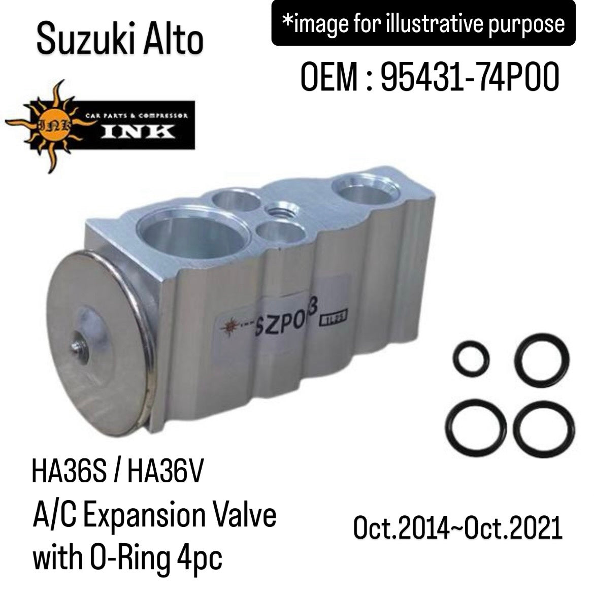 HA36S/HA36V A/C Expansion Valve with 4 O-Rings (INK) for Suzuki Alto (Oct.2014~Oct.2021) (OEM:95431-74P00)