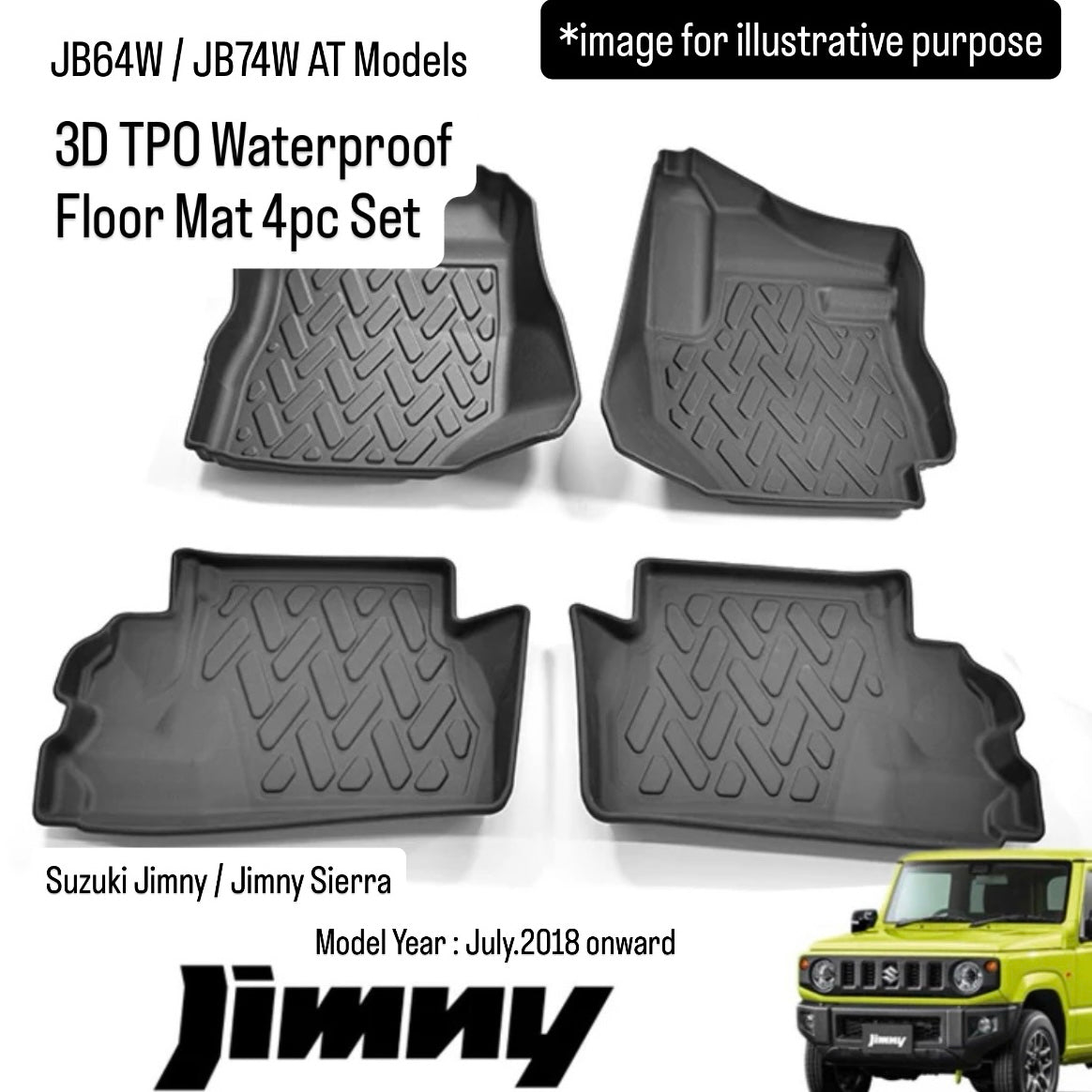 JB64W/JB74W AT Models 3D TPO Waterproof Floor Mat 4pc Set for Suzuki Jimny / Jimny Sierra (Black, Front & Rear, Model Year:July.2018 onward)