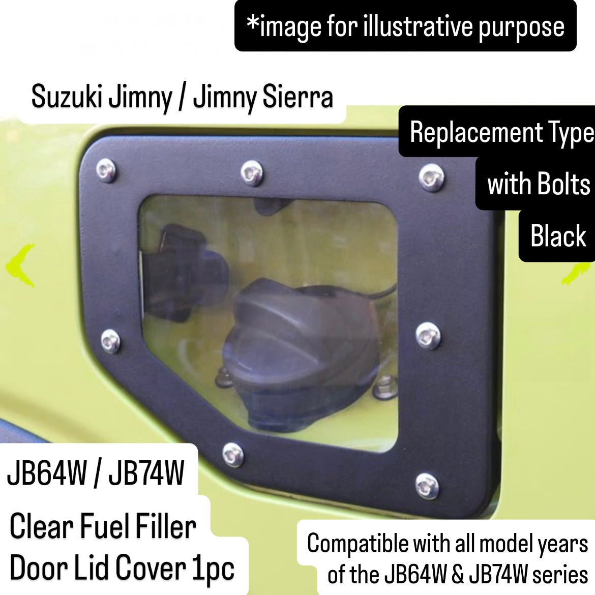 JB64W/JB74W Clear Fuel Filler Door Lid Cover for Suzuki Jimny / Jimny Sierra (Replacement Type / Black / with Bolts / Compatible with all model years of the JB64W & JB74W series)