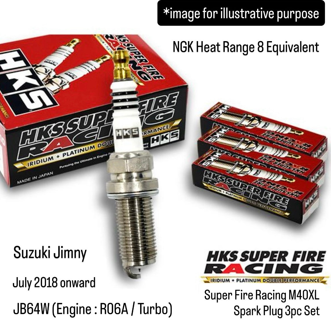 JB64W(Engine:R06A/Turbo) Super Fire Racing M40XL Spark Plug 3pc Set (HKS) for Suzuki Jimny (July 2018 onward, NGK Heat Range 8 Equivalent)