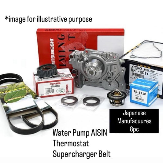 TT1/TT2/TV1/TV2 (Engine:EN07/Supercharged) Timing Belt 8pc Set (Water Pump Aisin/Thermostat/Supercharger Belt) for Subaru Sambar